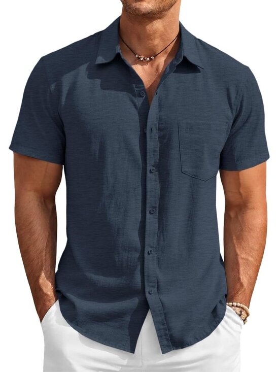 Other - Men's Navy Button Down Linen Short Sleeve Casual Beach Wedding Shirt